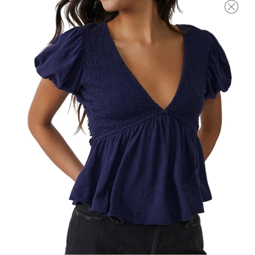 Free People‎ Open Back Smocked Top – Blue Cotton, Size Large